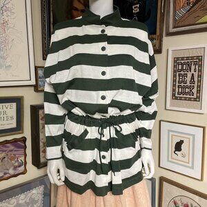 80s Vintage Forenza Green & White Striped Button-Up Shirt With Waist Tie Size M